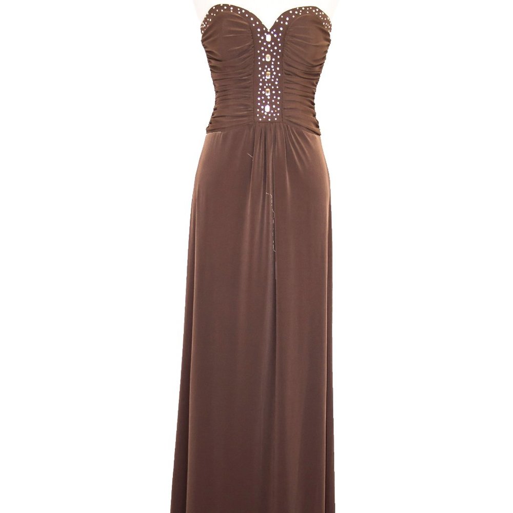 BCBG Paris Brown Jersey Beaded Gown Dress Strapless Maxi Formal Evening Sz 4